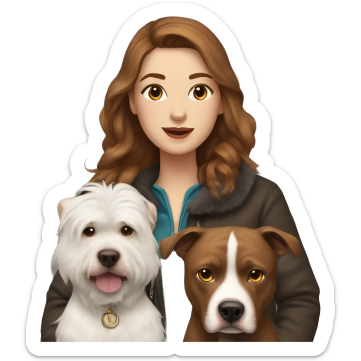 white woman with long brown hair in a furry jacket standing alongside a white pitbull with a brown patch around his eye sticker