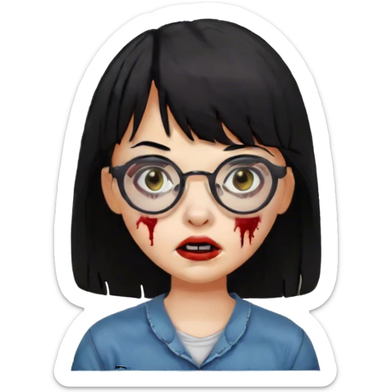 garota zumbi cabelos pretos, franja, olhos castanhos escuro, óculos redondo  sticker