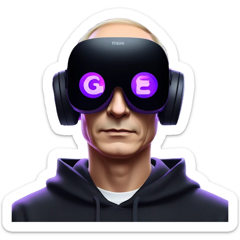 Vladimir Putin wearing a black hoodie with "OMG" letters on it and VR headset oculus quest 2 in a cyberpunk VR environment with violet neon lighting. sticker