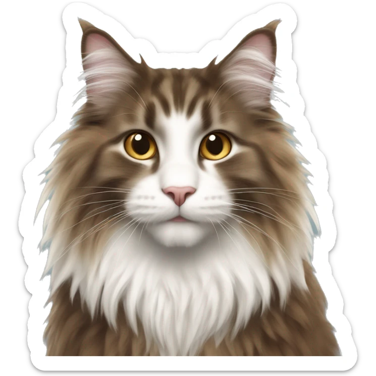 Norwegian forest cat with brown dark long fur and white neck fur and white nose  sticker