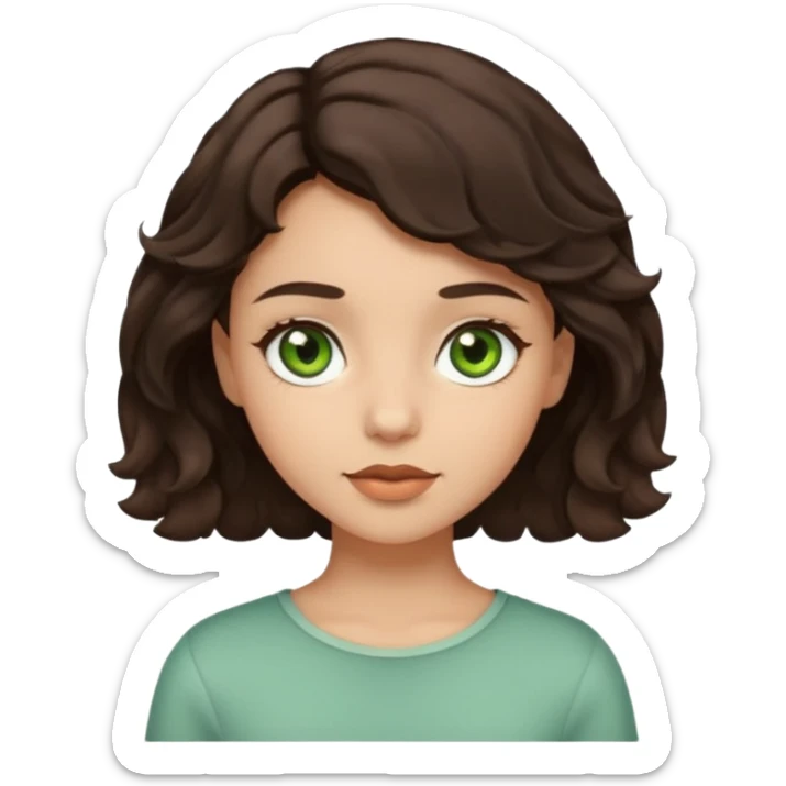 A girl with light skin, short dark brown wavy hair and brown with a little green eyes sticker