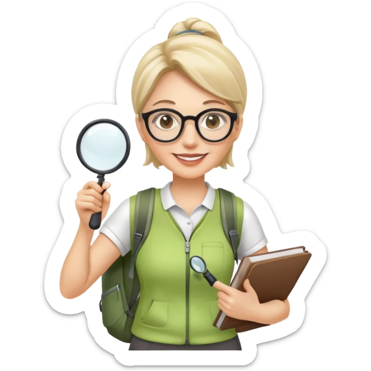 Happy woman in her 40s with glasses, sporty outfit, backpack, holding only one magnifying glass in one hand sticker