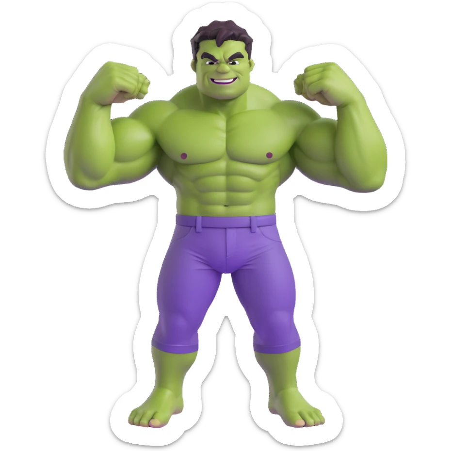 Hulk, green skin, big muscles, smiling, purple pants, 3D emoji style sticker