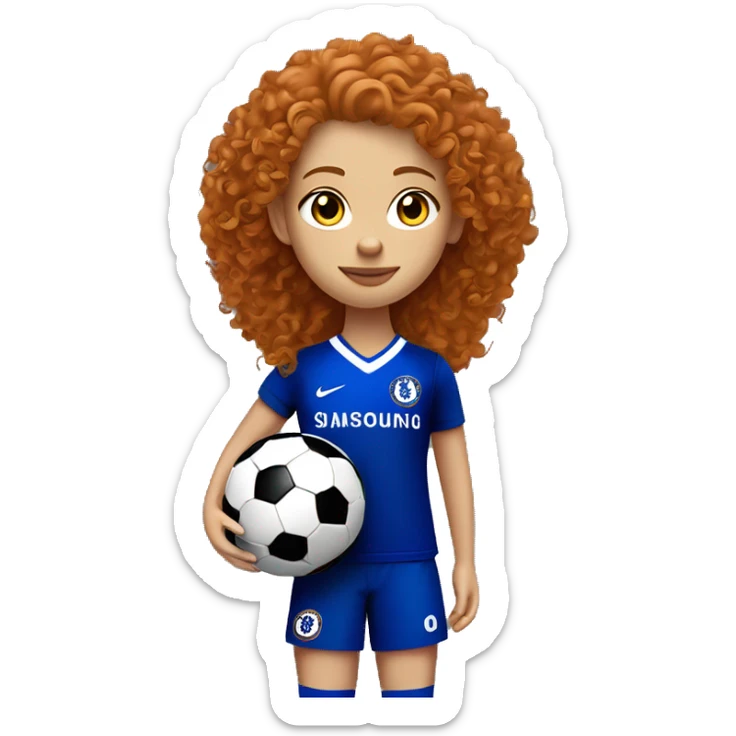 ginger curly hair girl with blue eyes, with football and red and black nike football boots with a football in hand, while wearing a chelsea kit sticker