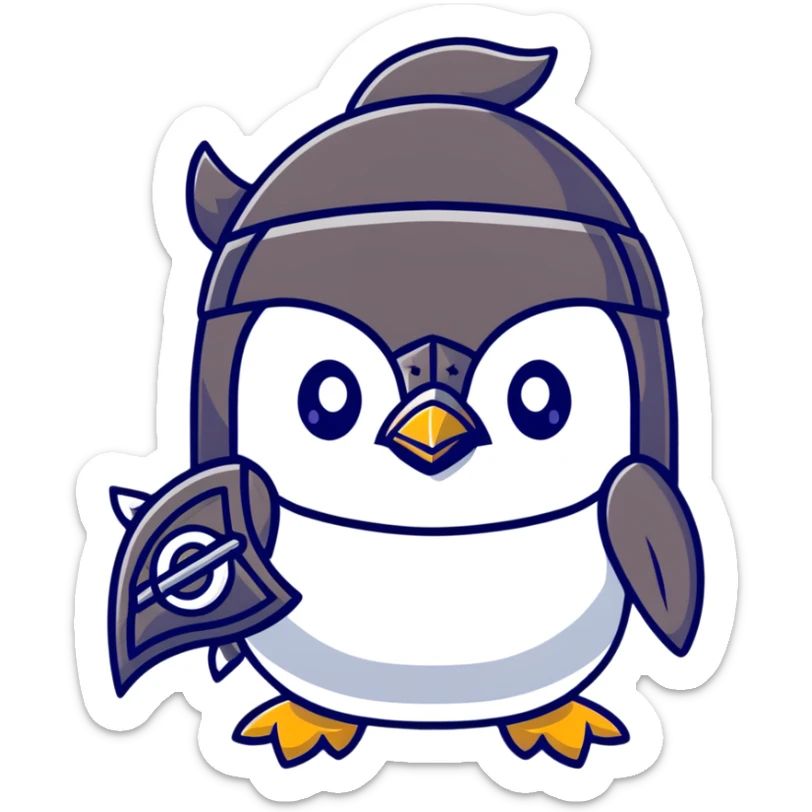 Cute penguin as Norse god Odin with two ravens on shoulders, wearing a Viking helmet and eyepatch sticker