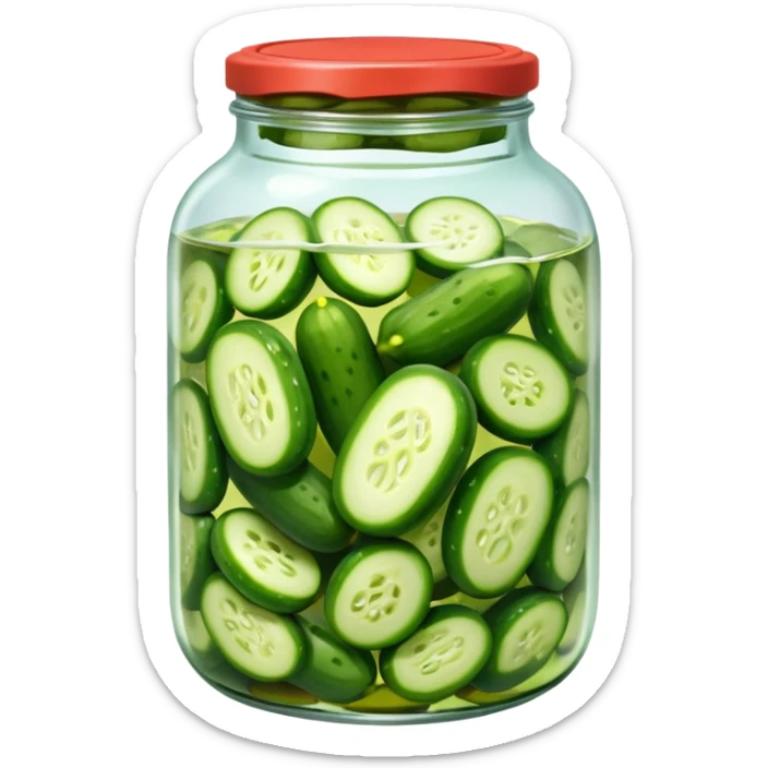 A jar of pickled cucumbers with clear brine and green whole pickles.







 sticker