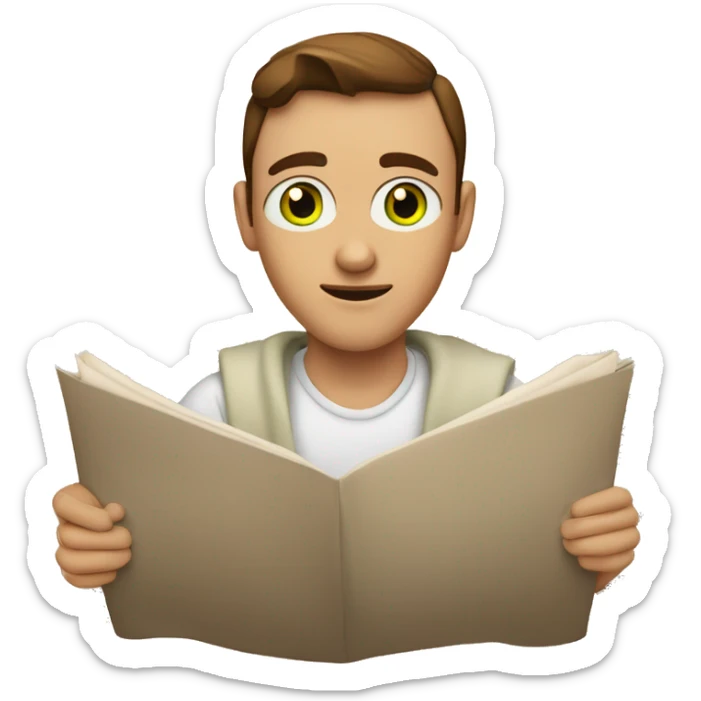 a light-skinned green-eyed man with brown hair sitting in front of the paper scroll  sticker