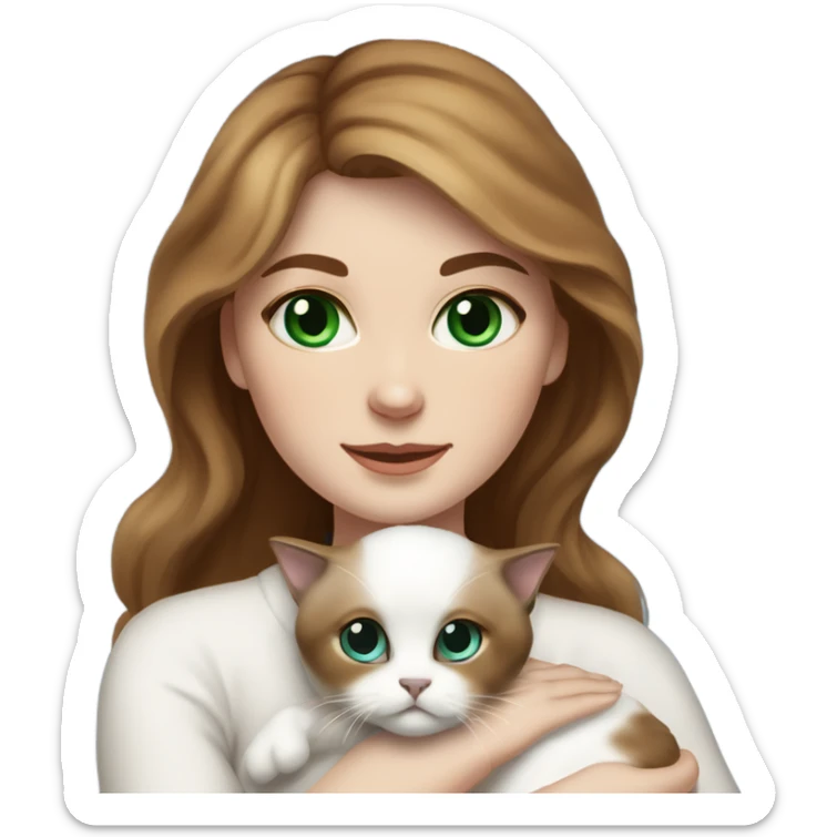 white woman with medium-length brown hair, green eyes and brown freckles on the face under the eyes, holding her sacre de birmanie kitten in her arms with much love, the baby cat has blue eyes, a lot of dark areas on ears and middle of the face. blue eyes sticker