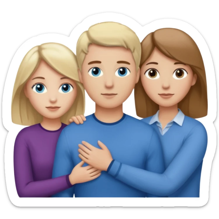 3 people. Throuple. Blank woman with blond hair and blue eye color on left. And also a blank man with brown hair and grey eye color in the middle. And a blank woman with brown hair and grey eye color on the right. Holding each other sticker