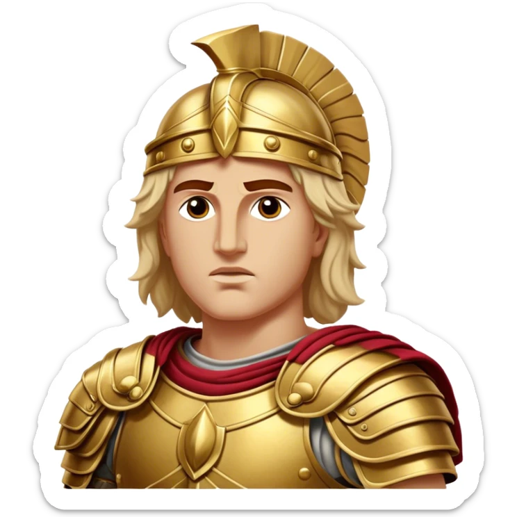 Cinematic Realistic Alexander the Great Portrait Emoji, depicted as a bold, charismatic ancient conqueror in regal armor with a commanding gaze, rendered with lifelike textures and dramatic heroic lighting that captures his legendary ambition. sticker