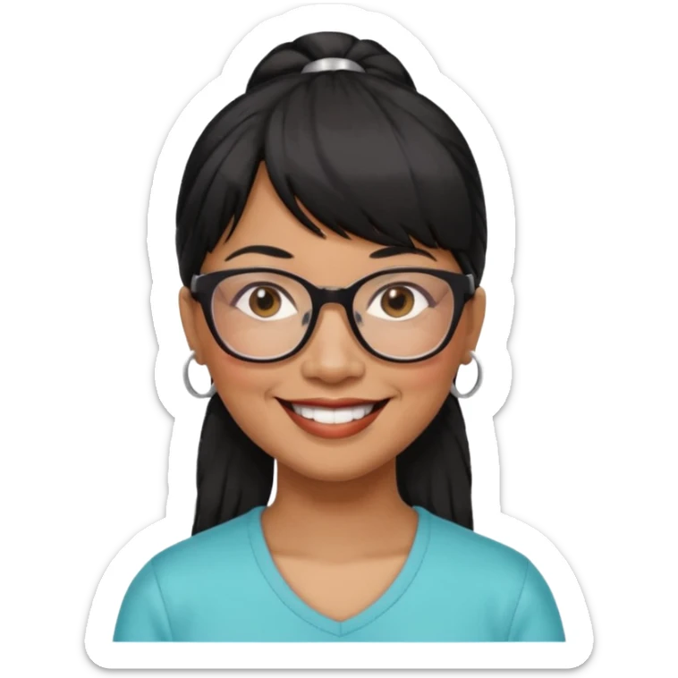 filipino woman black hair in one pony tail with straight bangs and big glasses, 60 yr old

 sticker
