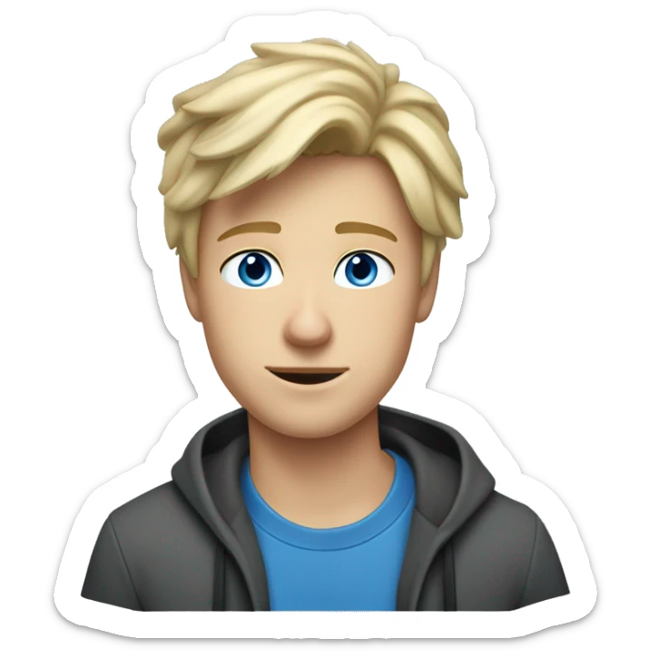 A boy with fair skin, blue eyes, slim build, 21 years old, blond tousled hair, sitting at a computer, an iMac. sticker