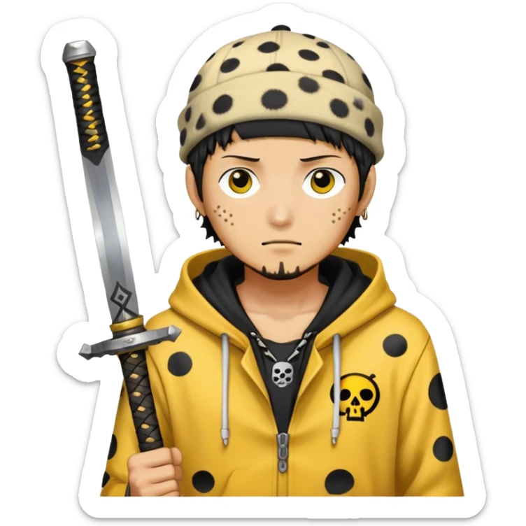 Trafalgar Law with spotted hat, yellow hoodie, nodachi sword sticker