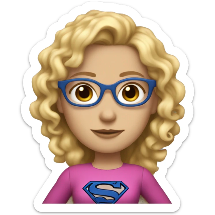 Caucasian Supergirl upper body curly long blonde hair and glasses with an "S" in the chest sticker