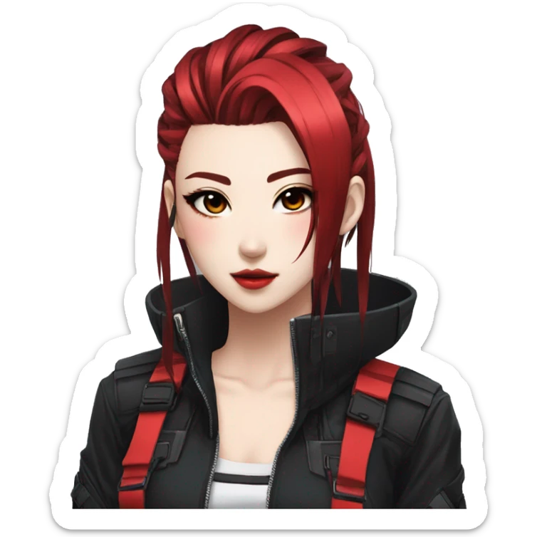Gorgeous techwear anime style lady with blushing face aesthetic and pretty edgy black red punk hair with hair garment and collar  and harness trending style sticker