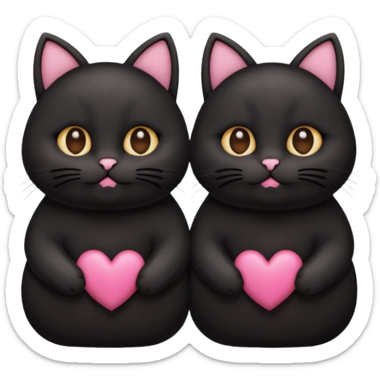 two fat cute black cats love, closed mouth, black ears, pink heart sticker