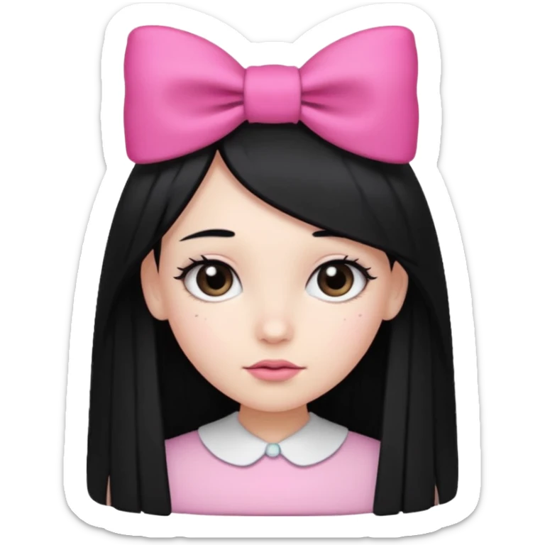 A girl with long, straight black hair, white skin, and a pink bow on the left side of her head sticker
