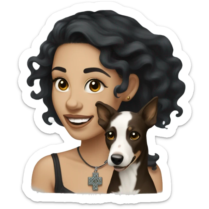 light skin woman with a face tattoo of a small cross near her eye and long wavy black hair expressing joy alongide a white and brown miniature kelpie sticker