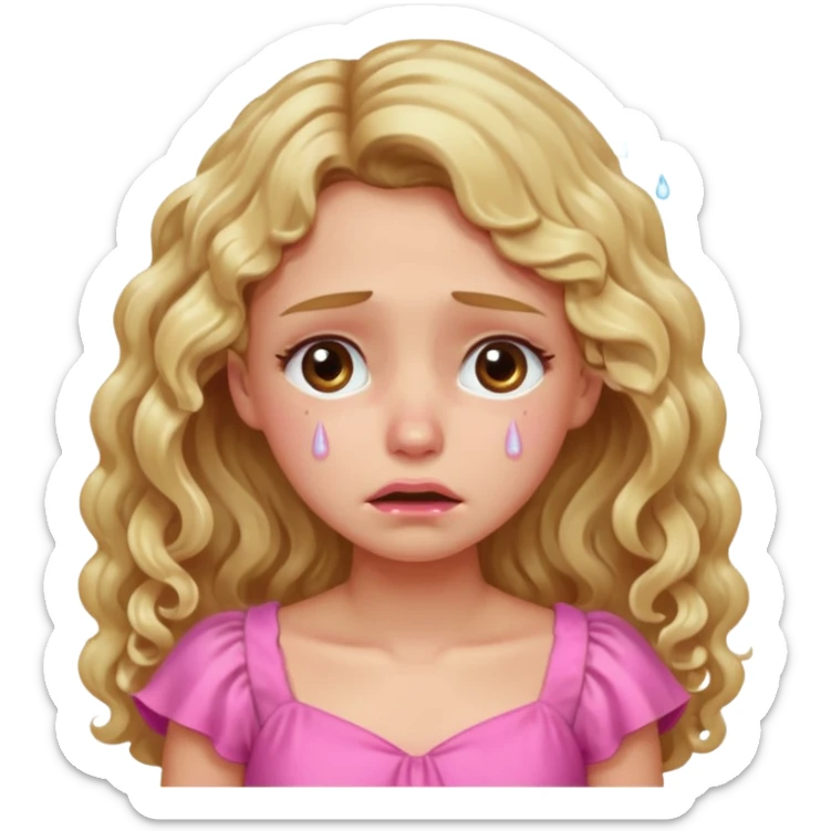 the girl is that crying with tears she has brown eyes and blond long hair curly pink dress  sticker