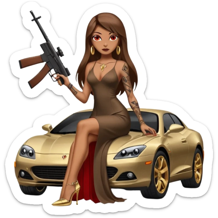 Lilith tan skinfemale red eyes symbol. Tattoo arms. Her hair is brown straight long hair.wearing sexy long sexy dress with slit. black stiletto thick platform high heels shoes on. Sitting on gold giant luxury car with cash inside . She is holding a sniper rifle in one hand cash in other hand sticker