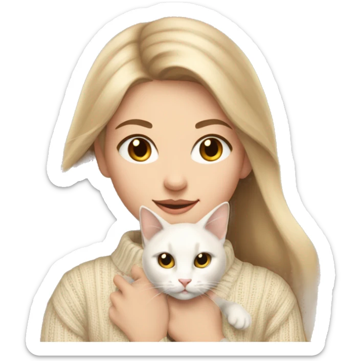 a beautiful girl with long dark blond hair, light eyes, in a beige sweater and with a beige bow holds a white cat in her hands sticker