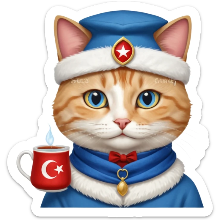 Arkasında Türk bayrağı olan  ve çay içen kafasına fes takan bir van kedisi sticker