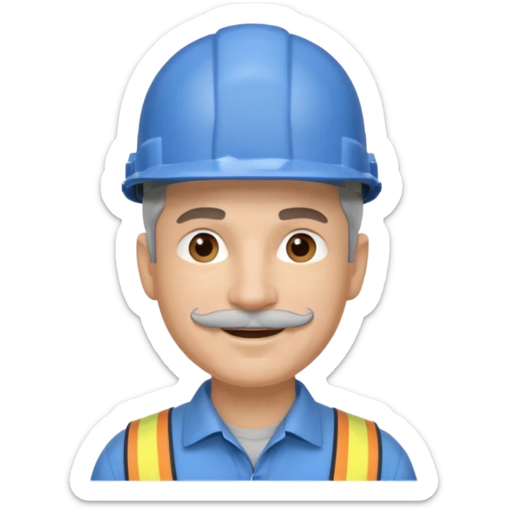 A man emoji with light skin, wearing a blue construction helmet, short gray hair on the sides, straight eyebrows, brown eyes, a small nose, and a thin gray mustache above his smiling mouth. sticker