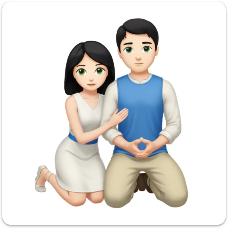 Man as king, black Hair, blue eyes, woman, blonde, green eyes, shott white sleveless Dress, kneeling, background palace sticker