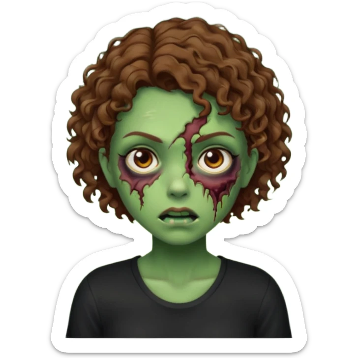 Zombie girl emoji verde com cabelo curto cacheado castanho com uma blusa preta sticker