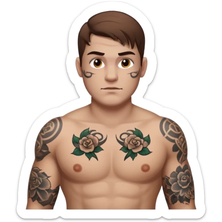 tattoo man, fair white skintone,brown hair, tattoos on face, more visible, bulky man with tattos on his chest, heavy tattooos. sticker
