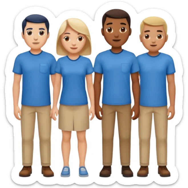 CREA UN EMOJI DE 7 PERSONAS HOMBRES Y MUJERES, CON CAMISA AZUL SOLO 7 SIETE PERSONAS CUERPO COMPLETO sticker