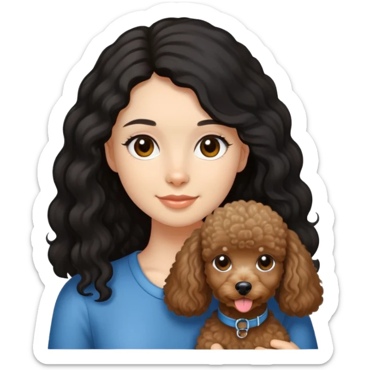 A girl with fair complexion with black long hair, dimples and brown eyes and miniature poodle sticker