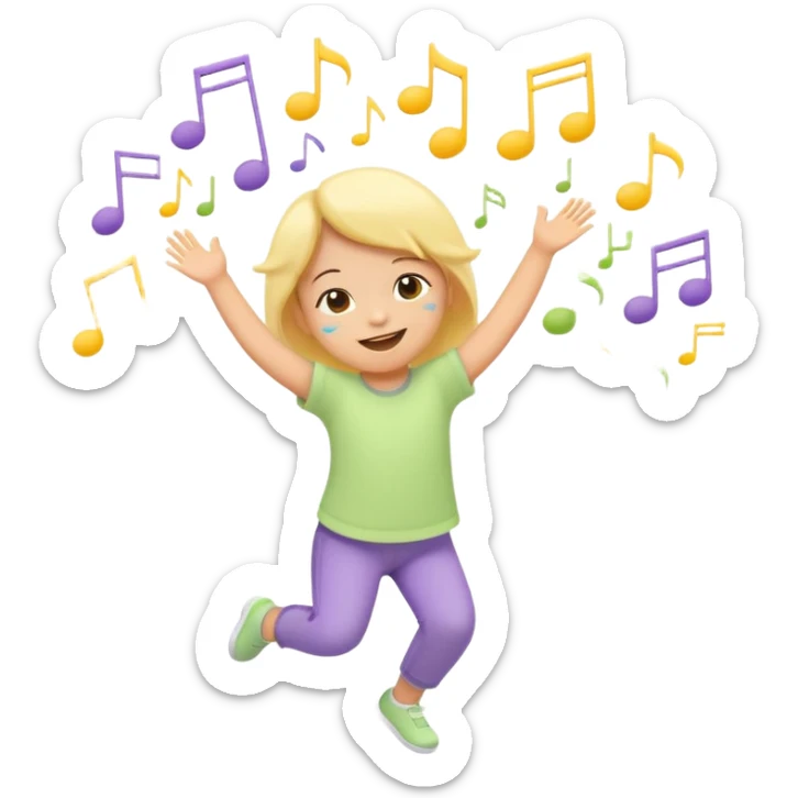 Flat illustration emoji of a small child dancing or moving joyfully to music, musical notes floating around, smiling expression, soft pastel colors (yellow, lavender, light green), rounded shapes, minimal details, child-friendly, warm and playful style sticker