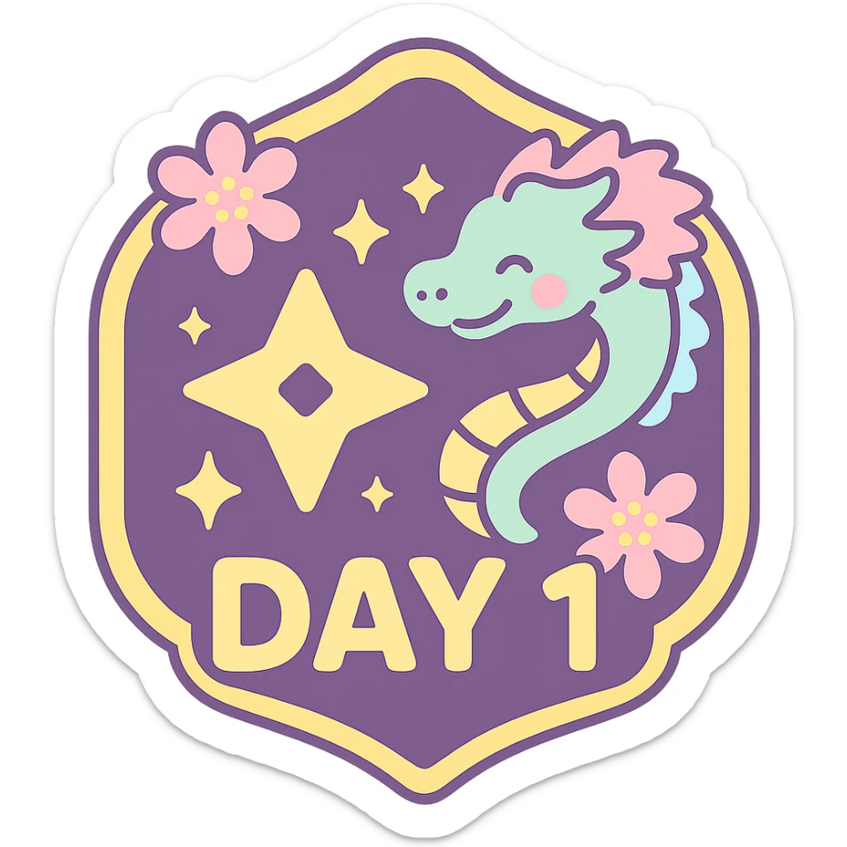 Add the text 'DAY 1' in bold, easy-to-read anime-style font to the badge. Keep the rich purple background with gold accents, the elegant and detailed Japanese dragon, Japanese crest shape, sakura flowers, ninja star, and sparkly effects. Make sure the text stands out clearly. Transparent background, sized for Twitch or Discord use. sticker