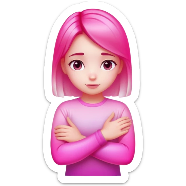 Shy girl character with arms crossed, transparent glass style, bright pink gradient, soft shadows and highlights, minimalist cute design sticker