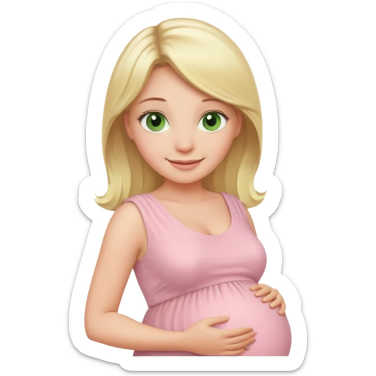 blond pregnant woman smiling in pink pale dress with green eyes sticker