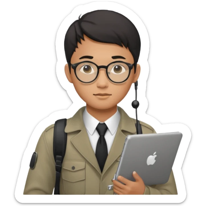 a asia man guy his 20s wearing an apple notebook, wearing bodyguard radio operator, round glasses, achromatic clothes sticker