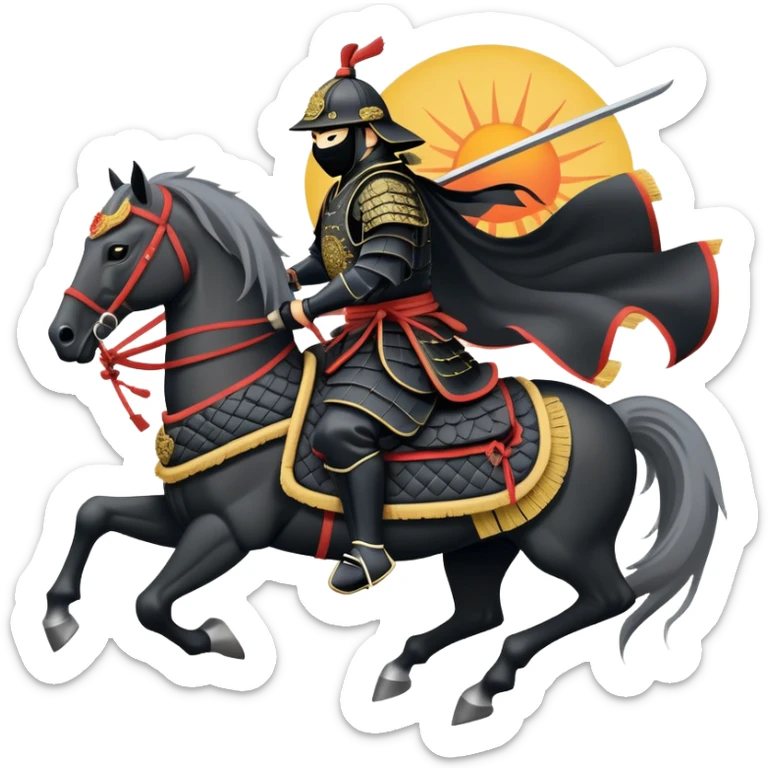 clash-of-clans-aesthetic_-cinematic-fearsome-and-majestic-samurai-bust-portrait-emoji, rendered in a flat, vector-style with minimal shading and bold, simplified shapes typical of emoji art, depicting a battle-hardened samurai with black mask and traditional black Japanese armor. The samurai is riding a noble grey warhorse adorned with an intricately designed saddle and fluttering banners and a rising sun. a samurai riding on a  horse sticker