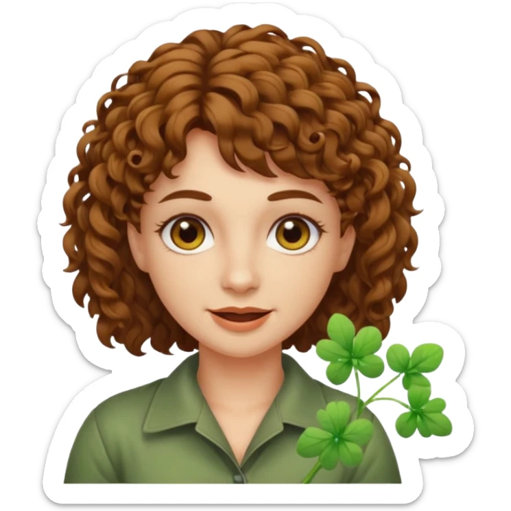 bust woman short curly brown mullet hair brown eyes white skin chewing clover stem, sarcastic grin sticker