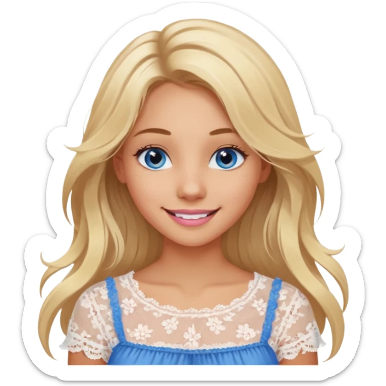create an emoji of a young woman, tanned face, smile. she has an innocent natural look, very messy extremely long blonde hair, blueeyes, natural soft pink lips. she wears a very loose very white lacy top sticker
