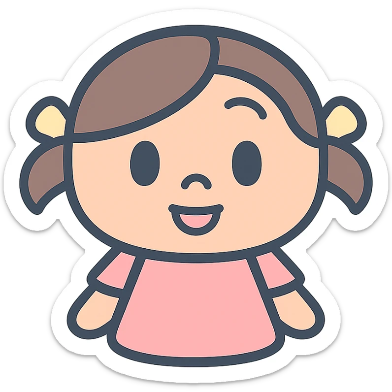 Monica Toy character as a lineal color icon, soft pastel palette, friendly and approachable sticker