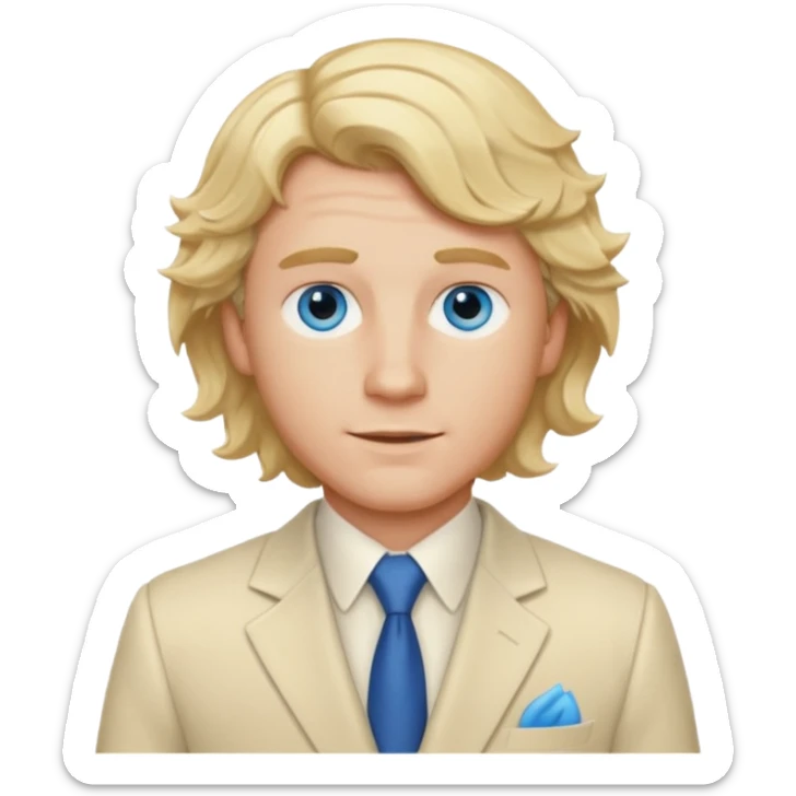 Tom Bryant from Summer of Fear with blonde wavy hair, blue eyes, cream suit sticker