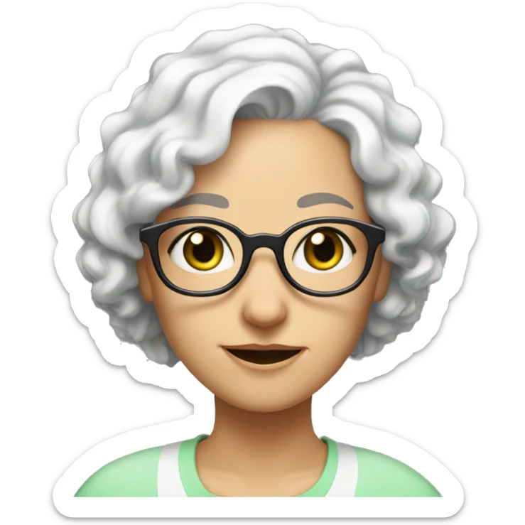 female, short curly white hair, old, wrinkles, glasses, big round visible ears, marked scar cheek, green eyes,  sticker