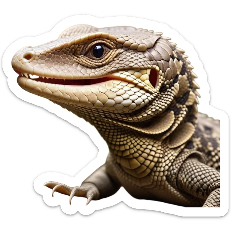 Cinematic Cute Yawning brown camo spotted monitor Lizard Portrait Emoji, Head tilted slightly with a dramatic, wide-open yawn, showcasing textured, patterned scales and sleepy, half-closed eyes exuding relaxed charm, Simplified yet irresistibly adorable features, highly detailed, glowing with a soft, cozy glow, high shine, relaxed yet expressive, stylized with a dash of whimsical wildness, soft glowing outline, capturing the essence of a drowsy yet affectionate reptile that appears ready to stretch out for a nap! sticker