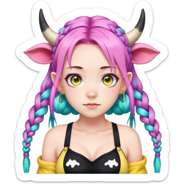 En anime-ku-jente med to rosa lange tykke fletter og cyan striper i håret, ku-horn og ku-ører, sort BH-topp over en gul cropped-fleece-blouse, lilla øyne, sticker