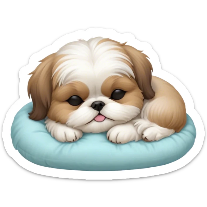 Meme-Worthy Cute Sleeping Shih Tzu Portrait Emoji, Head resting peacefully with a tender, contented smile and eyes delicately closed in serene slumber, showcasing a luxuriously fluffy fur in soft pastel tones, simplified yet irresistibly adorable, highly detailed, glowing with a warm, drowsy radiance, high shine, exuding calm, cozy charm, styled with a gentle, soft glowing outline, capturing the essence of a sleeping Shih Tzu that radiates utterly adorable, sleepy bliss! sticker