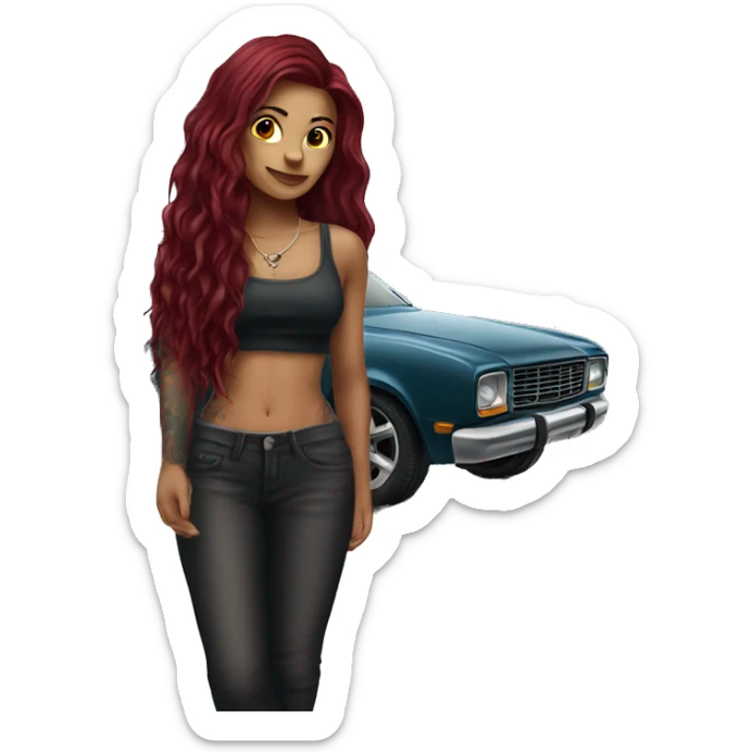 Beautiful tattooed burgundy long haired woman standing next to a car sticker