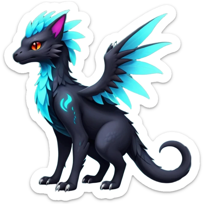 Black Dark Exotic Beaked Feathery Nocturnal Neon-glowing Abyssal Nightly Abyss-Cat-Gryphon-Salandit-Silvally-Fakémon Creature (full body) sticker