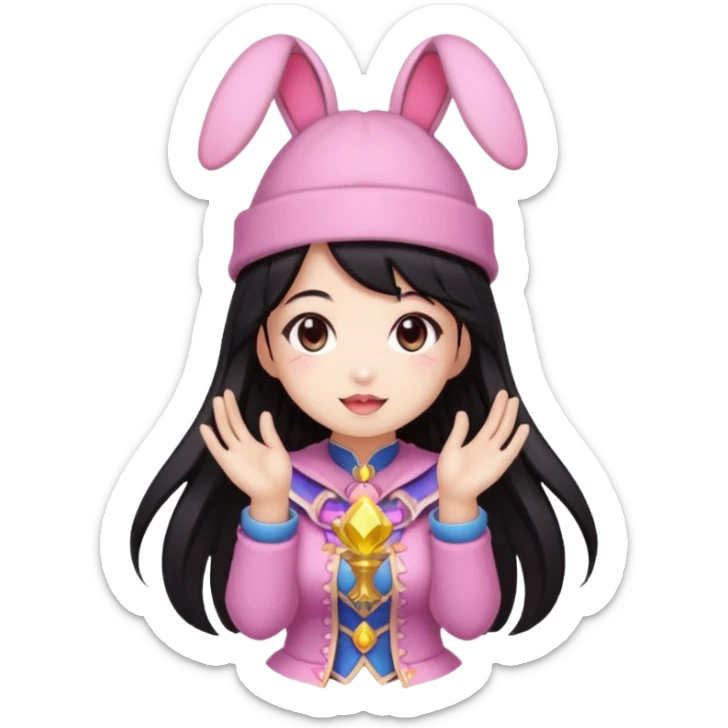 pixel art chibi asian girl with dark long hair in pink bunny ears hat magical girl with kawaii tarot cards thrown in air pixel emoji sticker