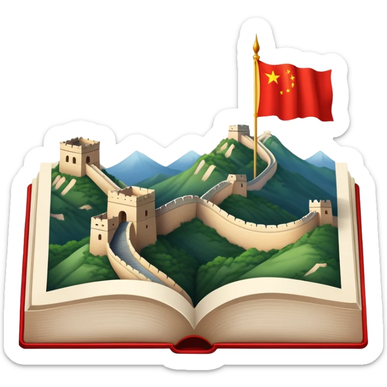 An icon featuring the Great Wall of China and the big flag of China, symbolizing the Chinese language. The design includes an open book with Chinese characters, representing language learning. Transparent background highlights the depth of Chinese heritage. sticker